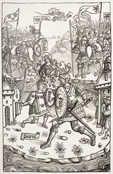 Le roi Arthur, protégé par la Vierge, combattant un géant, de 